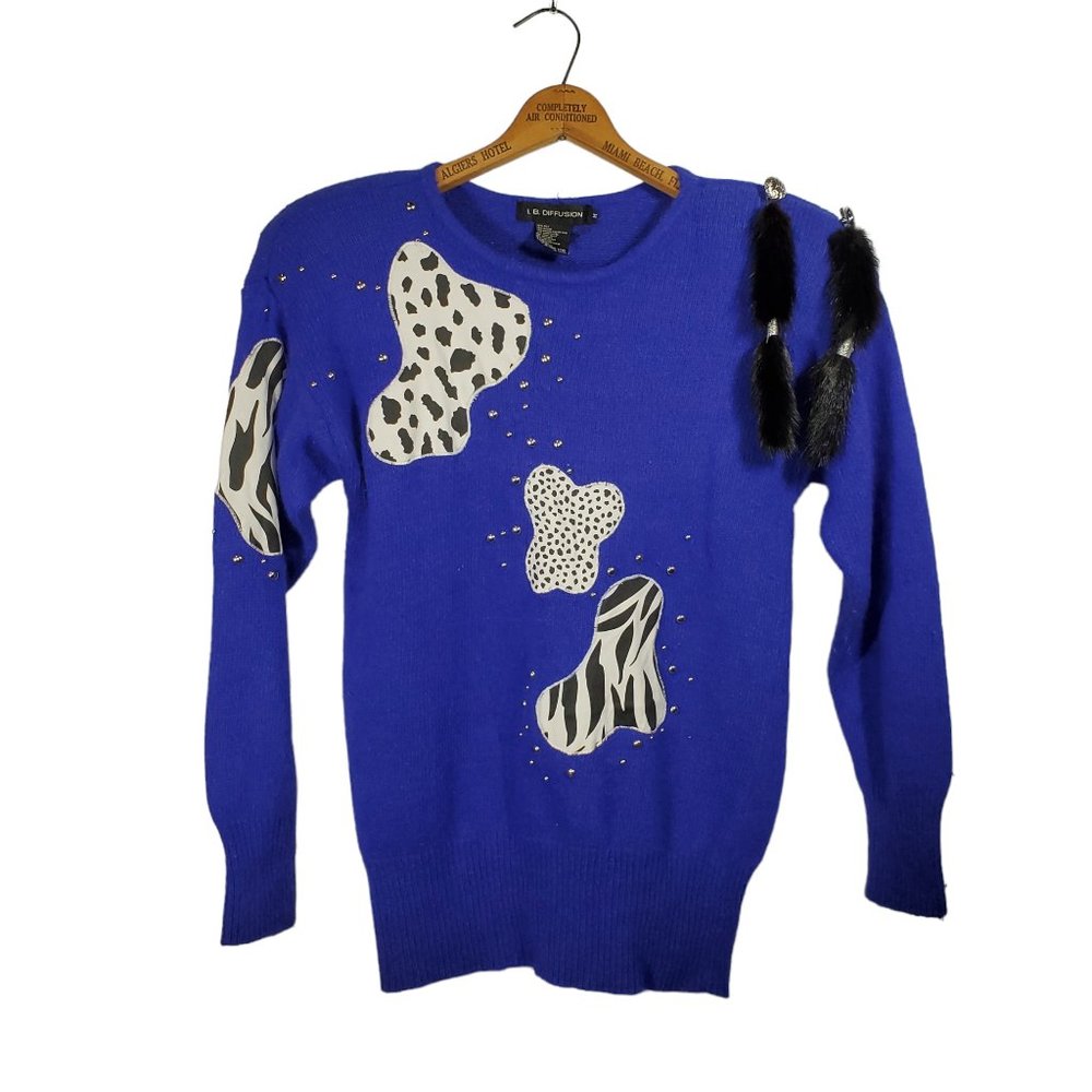 VTG 80s IB Diffusion Animal Print Knit Sweater Violet Mink Angora Silk Loud Bold